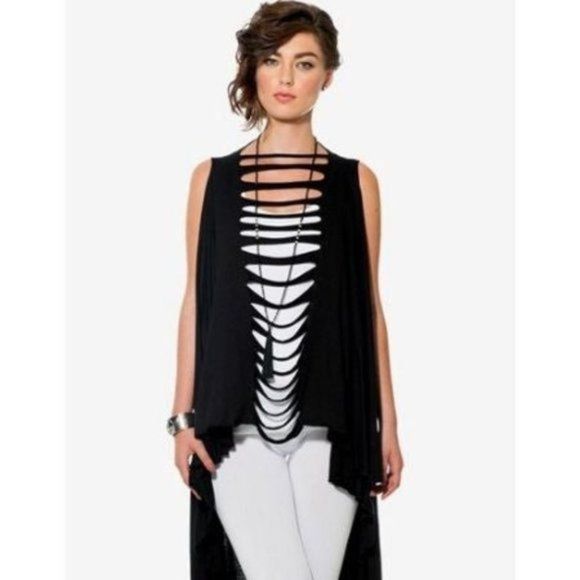 Black Stretch Knit Long Slit Detailed Convertible Shawl - Picture 2 of 7